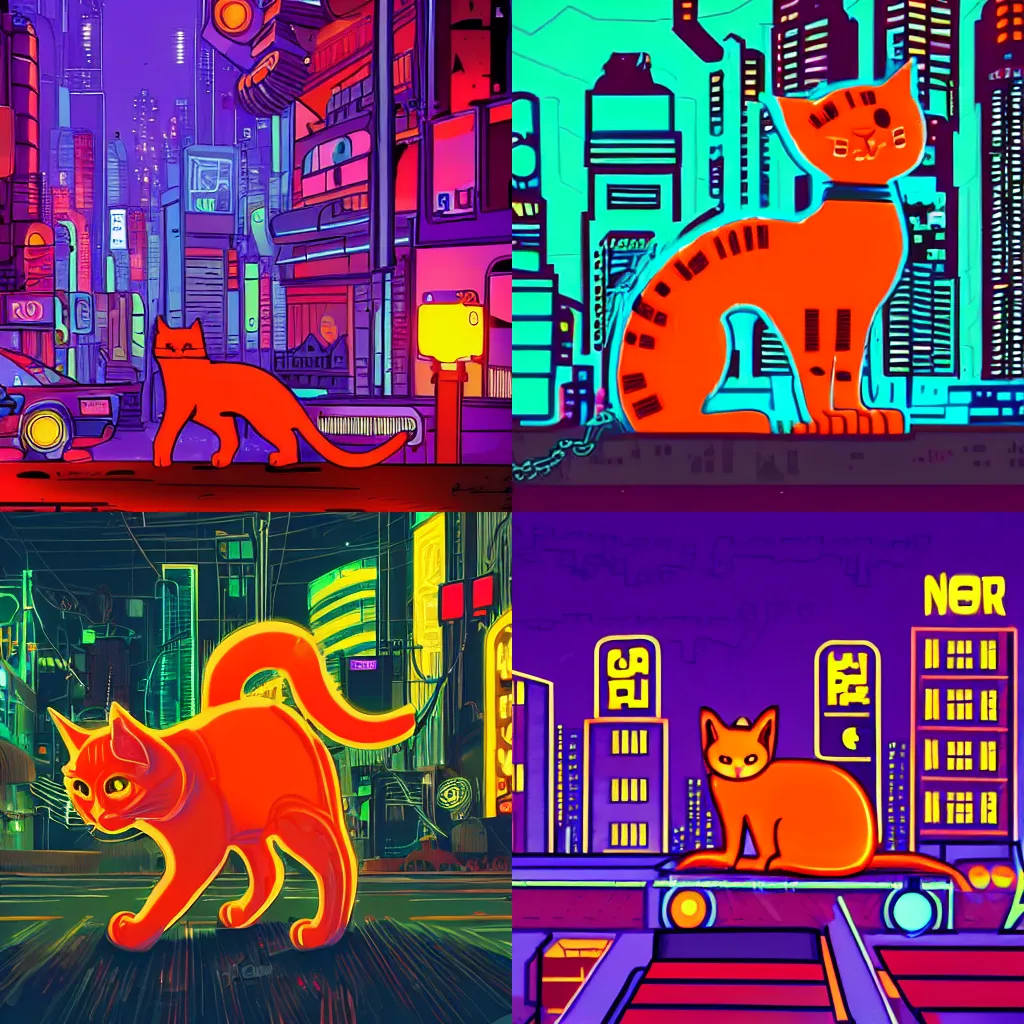 Prompt: orange cat in the dark cyberpunk city full of robots, with a lot of colorful neon lightings