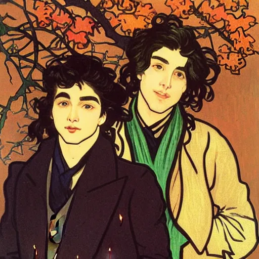 Image similar to painting of young cute handsome beautiful dark medium wavy hair man in his 2 0 s named shadow taehyung and cute handsome beautiful min - jun together at the halloween! party, bubbling cauldron!, candles!, smoke, autumn! colors, elegant, wearing suits!, clothes!, delicate facial features, art by alphonse mucha, vincent van gogh, egon schiele