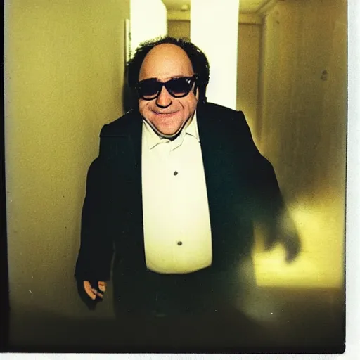 Prompt: A creepy polaroid photo of Danny Devito chasing you down a hallway