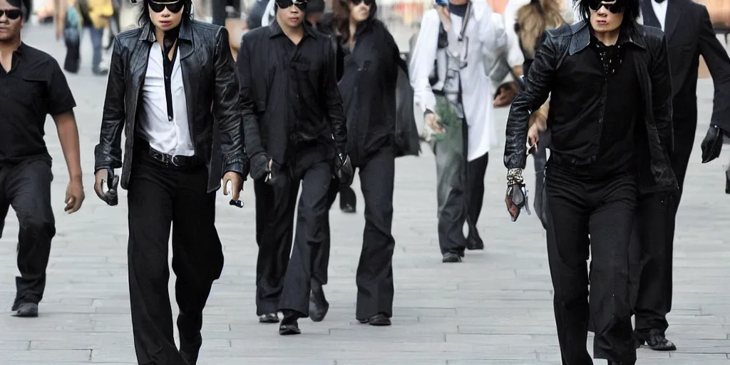 Image similar to michael jackson 2 0 0 9 wearing shades, alone, this is it style, photo real, motion blur, spotted with body guards in london across the road, walking, in the distane, by himself, real life, spotted, ultra realistic face, accurate, 4 k, movie still, uhd, sharp, detailed, cinematic, render, modern