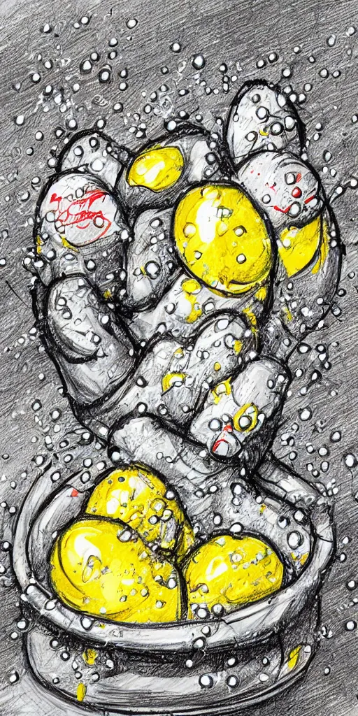 Prompt: high detailed drawing broken eggs, with arms. knife, splatters micro droplets, disney style