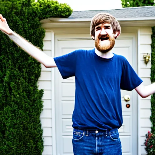 Prompt: bearded bo burnham outside of his house, smiling and dancing