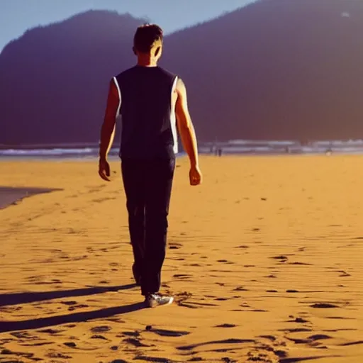 Image similar to a film photo of a man, athletic, walking towards camera on an Oregon beach, facing camera, natural lighting, golden hour, well lit, Kodak gold 200 film, trending on instagram