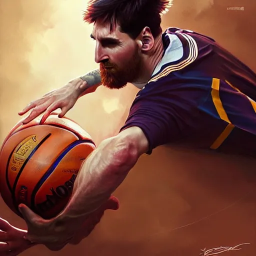 Image similar to Messi dunking a basketball, D&D, fantasy, intricate, elegant, highly detailed, digital painting, artstation, concept art, matte, sharp focus, illustration, art by Artgerm and Greg Rutkowski and Alphonse Mucha