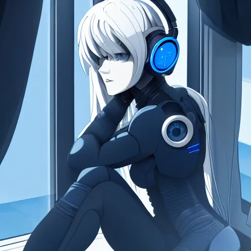 Image similar to cyborg - girl with silver hair, wearing headphones, and sitting on a window sill, highly detailed, painting, dark blue and black color palette, intricate, high quality anime artstyle, in the style of wlop