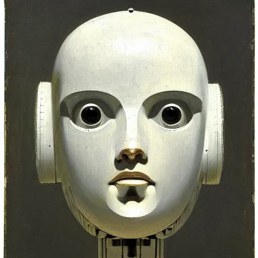 Image similar to a painting by thomas cole of a 3 d white robot head made of millions of tiny white spheres, highly detailed, plain white background