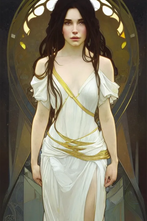 Image similar to portrait of the most beautiful young girl ever, modern style, by greg rutkowski and alphonse mucha, d & d character, gradient white to gold, highly detailed portrait, in front of an urban background, digital painting, artstation, concept art, smooth, sharp focus ilustration, artstation hq