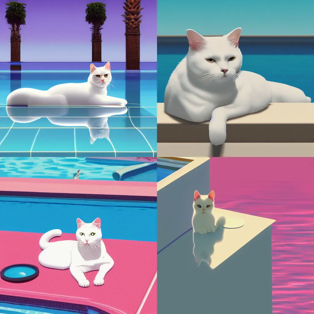 Prompt: a white cat relaxing by the pool in the style of hiroshi nagai, vaporwave, 4k high resolution, digital art