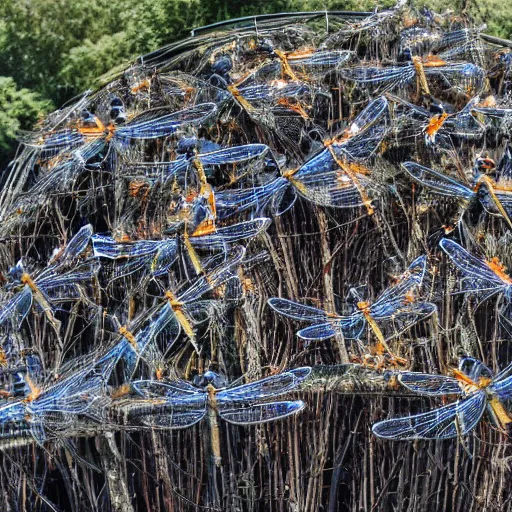 Image similar to a horde of dragonflies using cables to lift a tank