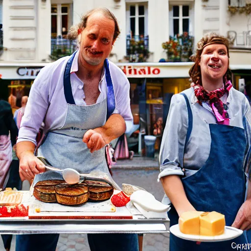 Image similar to closeup portrait of dutch chefs impressing the French people with superior pancakes in a street in Paris, by Steve McCurry and David Lazar, natural light, detailed face, CANON Eos C300, ƒ1.8, 35mm, 8K, medium-format print