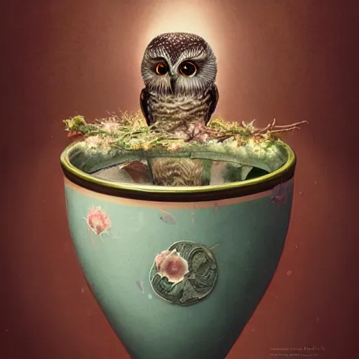 Prompt: long shot of a very cute owl chick sitting inside a very beautiful cup, by esao andrews, by james jean, marc simonetti, by victo ngai, humorous illustration, hyperrealistic, big depth of field, fresh colors, dim light, 3 d octane render conceptart, 4 k, hyperdetailed, trending on artstation