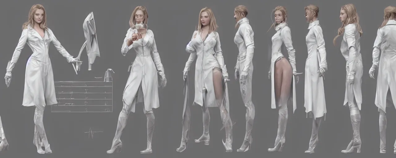 Image similar to character design, reference sheet, gaunt, a beautiful and elegant young lady like Jeniffer, doctor's white coat, concept art, photorealistic, hyperdetailed, 3d rendering , art by Leyendecker and frazetta,