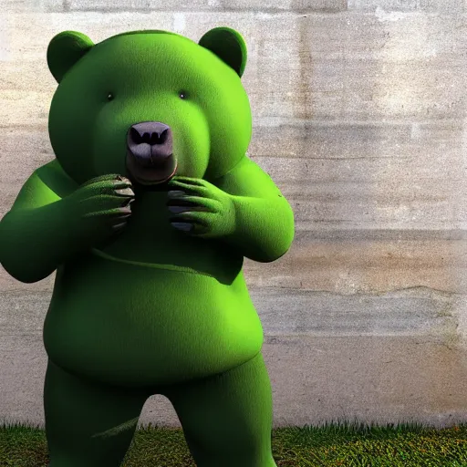 Prompt: big realistic bear standing on two legs, wearing green square backpack at his back, photo realistic, high detail, smooth