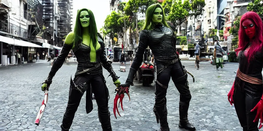 Image similar to beautiful photograph of Gamora taking mate with Scorpion in Buenos Aires. Medium shot.