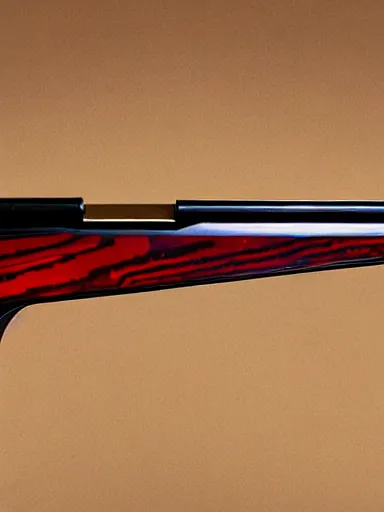 Image similar to a shotgun made from glossy red - painted wood and elements of gold metalwork