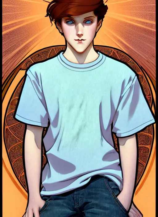 Image similar to art nouveau portrait of a teen boy with completely straight auburn hair, light blue eyes, pale skin, freckles, sad expression, t - shirt, modern casual clothing, natural lighting, path traced, highly detailed, high quality, cartoon, digital painting, by don bluth and ross tran and studio ghibli and alphonse mucha