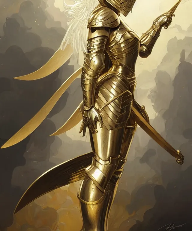 Image similar to Female knight angel in gold and silver armor, highly detailed, digital painting, artstation, concept art, smooth, sharp focus, illustration, art by artgerm and greg rutkowski and alphonse mucha