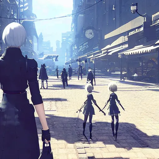 Image similar to Screenshot from Nier Automata in a bustling market