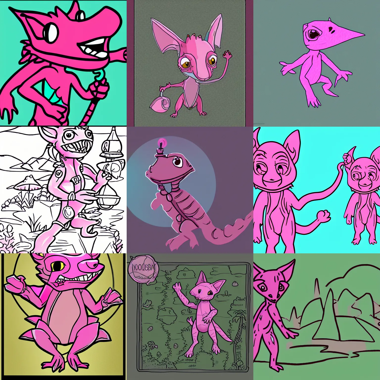 Prompt: A outline illustration of a cute pink Kobold as a world explorer