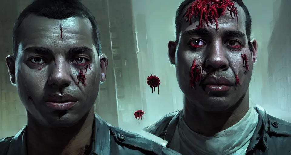 Image similar to highly detailed portrait black police officer zombie with gaping wounds in gta v, police station interior, stephen bliss, unreal engine, fantasy art by greg rutkowski, loish, rhads, ferdinand knab, makoto shinkai and lois van baarle, ilya kuvshinov, rossdraws, tom bagshaw, global illumination, detailed and intricate environment