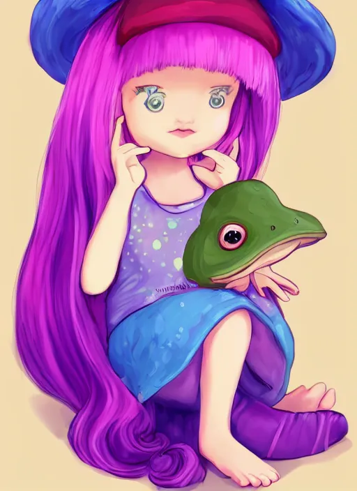 Image similar to a beautiful little girl wearing a mushroom hat sitting in her room petting a frog in her lap | | purple hair, pretty face, sharped details, in yo - jo life art style, trending on pixiv