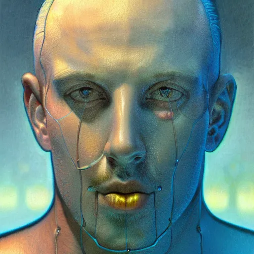 Prompt: realistic extremely detailed portrait painting of an average man , exposed brain, retro futuristic ,water , by beeple,Jean Delville, Amano, Yves Tanguy, Alphonse Mucha, Ernst Haeckel, Edward Robert Hughes, Roger Dean, rich moody colors, blue eyes,octane render,4k,f32