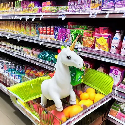 Prompt: a unicorn rampaging through a supermarket