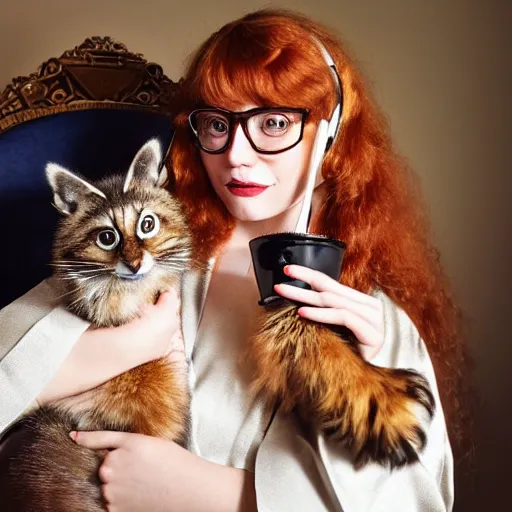 Image similar to a stunning hyper-detailed closeup portrait photo of a beautiful retro-bespectacled woman with long ginger hair and bangs, wearing a luxurious silk robe, wearing headphones and posing with her large ginger tabby cat and her raccoon and parrots in an overstuffed easy chair in her sunlit victorian living room, holding a porcelain parrot-shaped coffee mug and a donut, perfect eyes, fashion photography, octane render, unreal engine, 85 mm lens,