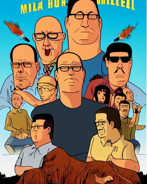 Prompt: a promotional poster for a mafia king of the hill movie, poster design, king of the hill, dramatic, dramatic lighting, pulp style poster, hank hill, dale gribble, boomhauer, bill dauterive, john redcorn, in the style of mike judge