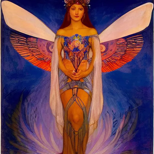 Image similar to queen of the dawn with her wings and her lantern, by Annie Swynnerton and Nicholas Roerich and Diego Rivera, flowing robes, bioluminescent skin, floral tattoos, elaborate costume, geometric ornament, symbolist, soft colors, dramatic lighting, smooth, sharp focus, extremely detailed