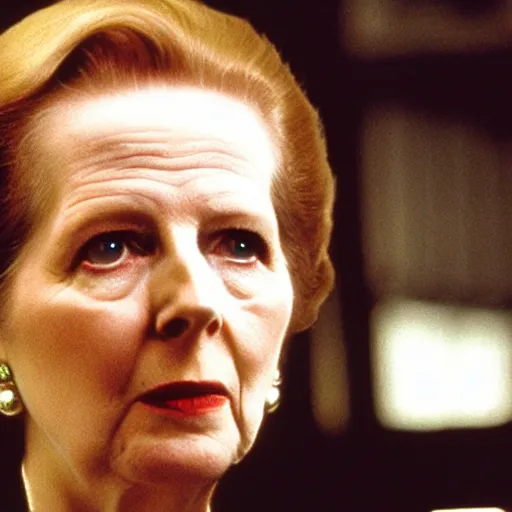 Image similar to A movie still of Margaret Thatcher as Neo in The Matrix