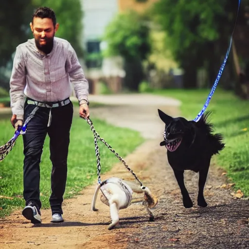 Prompt: photo of a man walking a bizarre creature on a leash like a dog