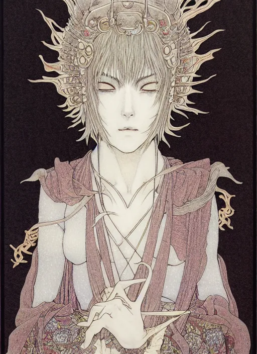 Image similar to prompt: Fragile looking vessel portrait soft light drawn by Takato Yamamoto, inspired by Fables, ancient dragon knight armor decoration, magical and alchemical objects on the side, soft light, white background, intricate detail, intricate oil painting detail, sharp high detail, manga and anime 2000