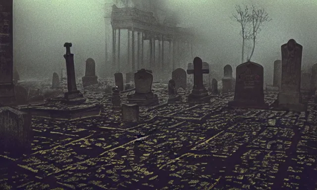 Image similar to new orleans style graveyard, midnight colors, photograph taken by giger and beksinski and death fog and decaying megacity