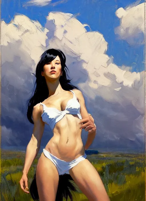 Image similar to Greg Manchess painting of Tifa Lockheart, countryside, calm, fantasy character portrait, dynamic pose, above view, sunny day, thunder clouds in the sky, artwork by Jeremy Lipkin and Giuseppe Dangelico Pino and Michael Garmash and Rob Rey, very coherent asymmetrical artwork, sharp edges, perfect face, simple form, wacky, 100mm