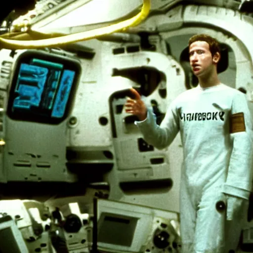 Image similar to a broken mark zuckerberg android leaking white fluid on the spaceship Nostromo from the movie Alien.