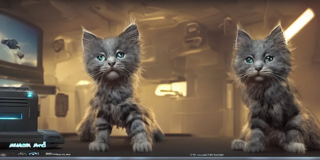 Image similar to a 3 d rendered movie still a cute robot in the shape of an adorable cyberpunk maine coon kitten. in the background is a cyberpunk cat tree with rgb ambient dramatic lighting. digital art. science fiction blockbuster movie from the future, imax 7 0 mm. style of mandalorian ( american space western television series )