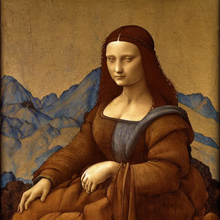 Image similar to a portrait of a woman painted by leonardo da vinci. the woman in the painting is shown seated with her hands folded in her lap. she is wearing a simple dress with a pattern of flowers. her hair is pulled back from her face and she has a small, faint smile. the background of the painting is a landscape of rolling hills and mountains.