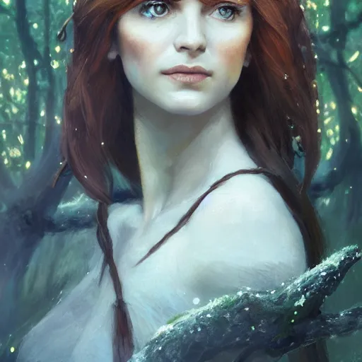 Prompt: portrait of a proud elf, her hair is copper, she is a wood elf, shade and sparkles, trees and leave are surrounding her, calm piece, masterpiece, oil on canvas, art by Greg Rutkowski and Karakter, trending on artstation, delicate, sharp focus, 4k, digital art