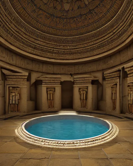 Image similar to greg rutkowski digital painting of an ornate and royal egyptian antechamber tomb, a circular pool in the tomb, the circular pool has a galaxy inside, unreal engine, hyper realism, realistic shading, cinematic composition, blender render, octane render, hdr, detailed textures, photorealistic, ultrawide shot, 3 5 mm film