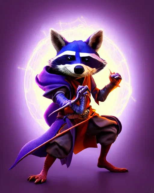 Image similar to 3 d model, highly detailed digital illustration portrait of hooded sorcerer sly cooper raccoon casting a magical glowing spell in a castle, action pose, d & d, magic the gathering, craig mullins, artgerm, moebius, dan mumford, octane, wlop, disney, pixar,