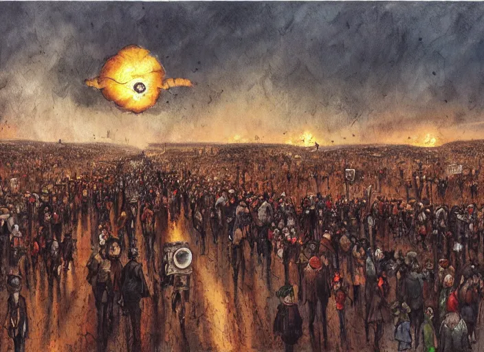 Image similar to an oil painting of a line of people walking into the distance, fire on the horizon, by marc simonette and alexander jansson, junji ito, concept art