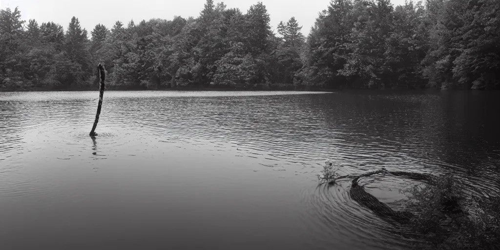 Prompt: centered photograph of a long rope zig zagging across the surface of the water, floating submerged rope stretching out towards the center of the lake, a dark lake on a cloudy day, color film, trees in the background, hyperedetailed photo, anamorphic lens, 2 0 0 1