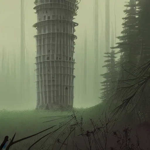 Image similar to monumental old ruins tower of a dark misty forest, overcast, sci - fi digital painting by simon stalenhag