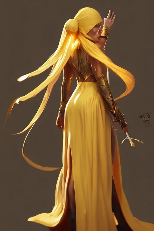 Prompt: Female cleric, golden robes, fantasy, looking from behind, artstationHD, octane, by artgerm and wlop