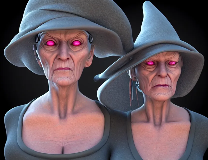 Image similar to cinematic bust portrait of robo face granny cyborg body, witch's hat on head, by jean giraud, trending artstaition, 3 d, unreal engine