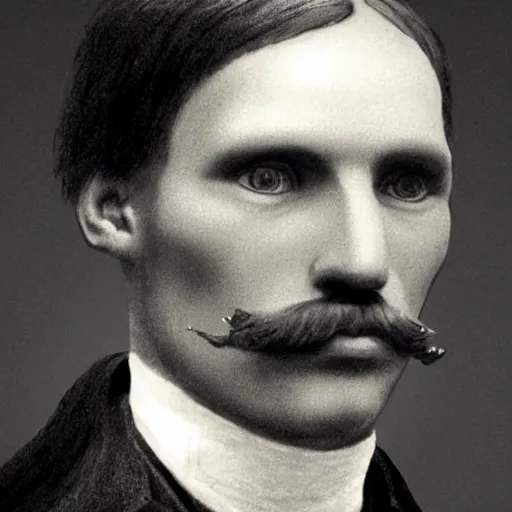 Image similar to A photograph portrait of Jerma985 with a pyramidal mustache in the early 1800s, taken in the early 1800s, 1840s, grainy, taken on a Field View Camera, realistic, hyperrealistic, very realistic, highly detailed, very detailed, extremely detailed, detailed, digital art, trending on artstation