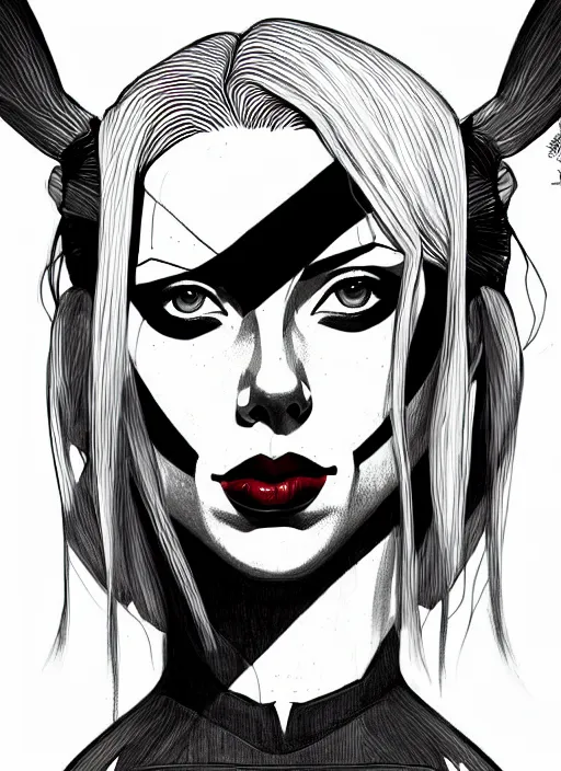 Image similar to symmetry concpet art, full shot, traditional ink, sketch, of scarlet johansson as harley quinn, line sketch, intricate, elegant, highly detailed, monochrome, digital painting, artstation, concept art, sharp focus, illustration, art by borderlands 3 and peter polach