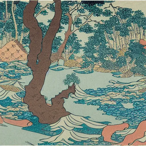 Prompt: illustration of a river lined with trees, terrazzo texture, by hokusai and james jean