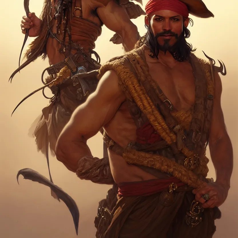 Prompt: , portrait of a 1 male pirate captain of the desert, muscular upper body, D&D, fantasy, intricate, elegant, highly detailed, digital painting, artstation, concept art, smooth, sharp focus, illustration, art by artgerm and greg rutkowski and alphonse mucha